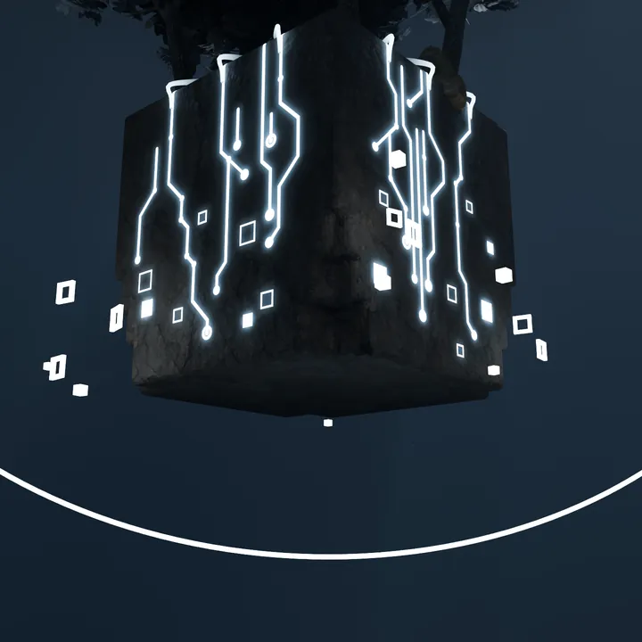 View from beneath the cube with light streaks and floating squares