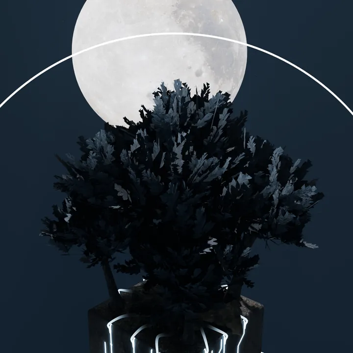 Close view of the layered canopy against the moon