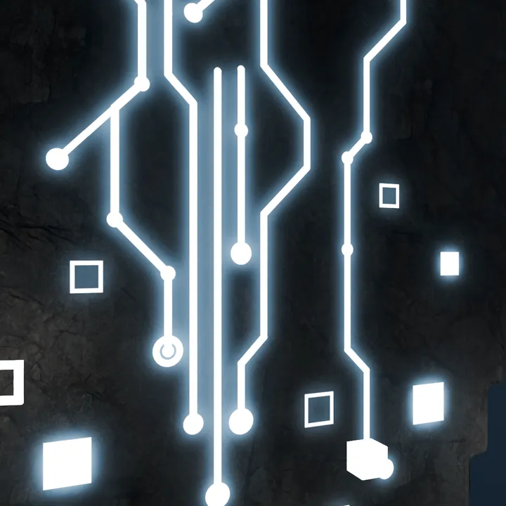 Frame from the descent clip: the camera dropping past the lit circuit traces