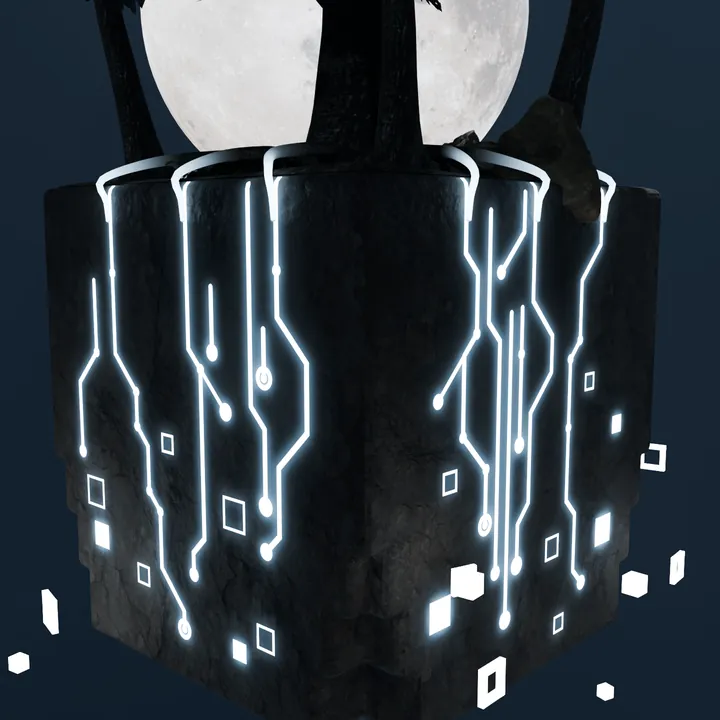 Roots crossing the top edge of the cube and becoming glowing circuit traces
