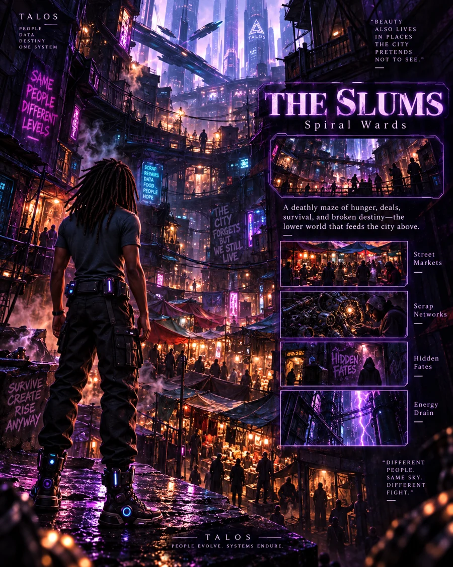 The slums: layered improvised homes, walkways and repair stalls under neon